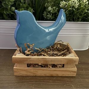 Bluebird in Crate Decoration, Approximately 5x5 Inches, Ceramic Bird, Wood Nest